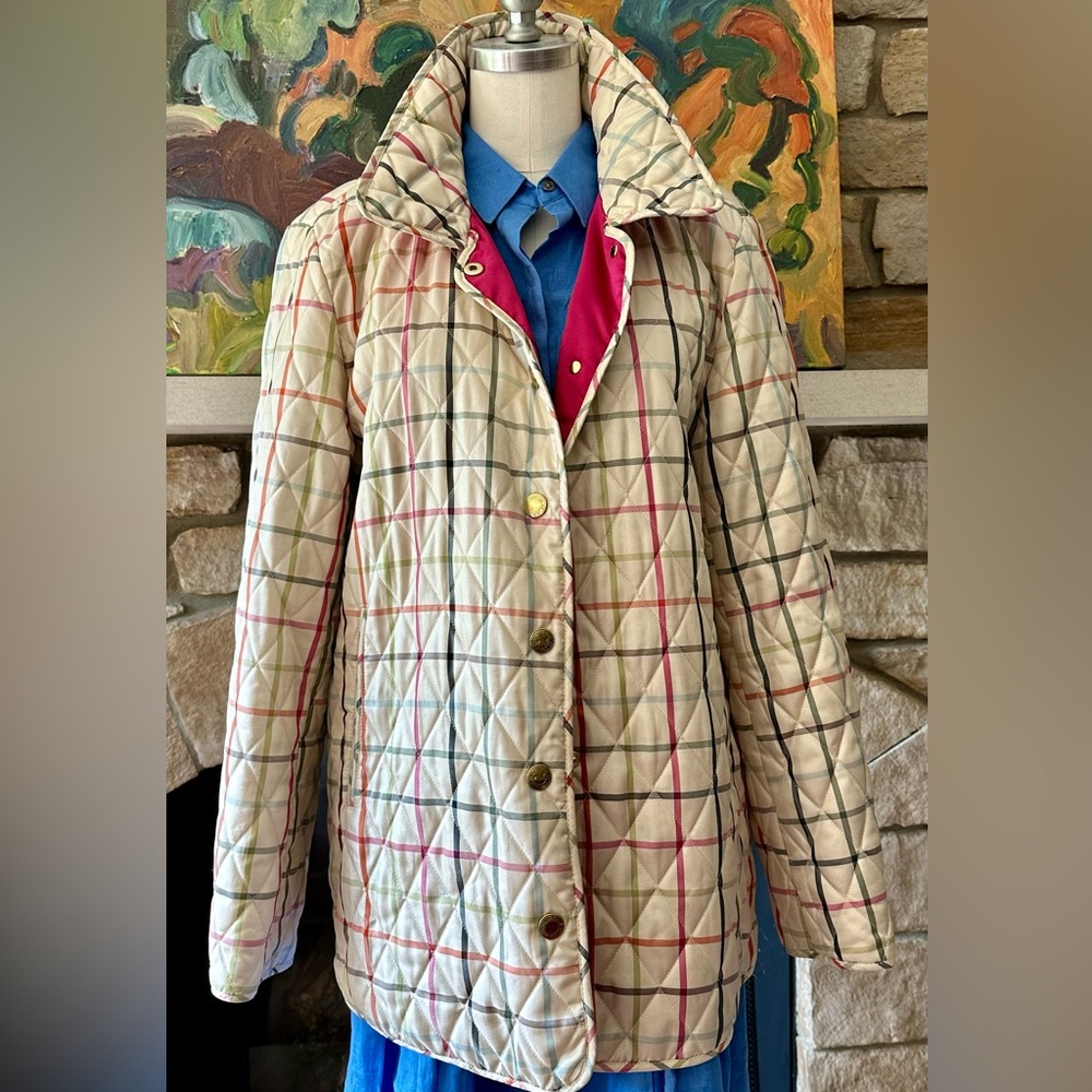 1941 Coach Barn jacket in cream and pastel stripes. Large.